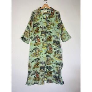 High Sparrow Womens Medium Safari Animal Beaded Shirt‎ Dress Green Artsy Chic